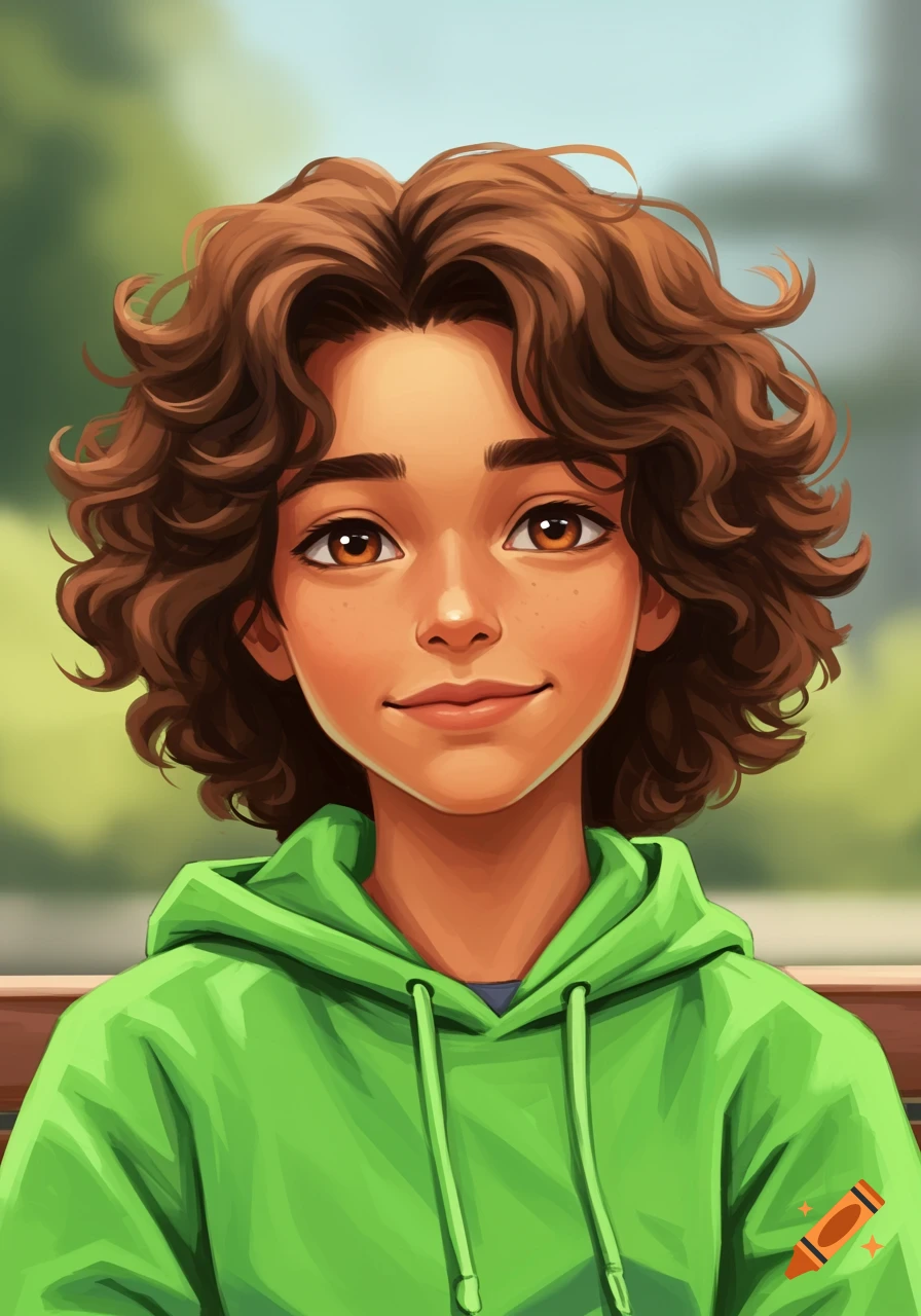 A young boy with curly brown hair, brown eyes, and freckles, wearing a green hoodie.