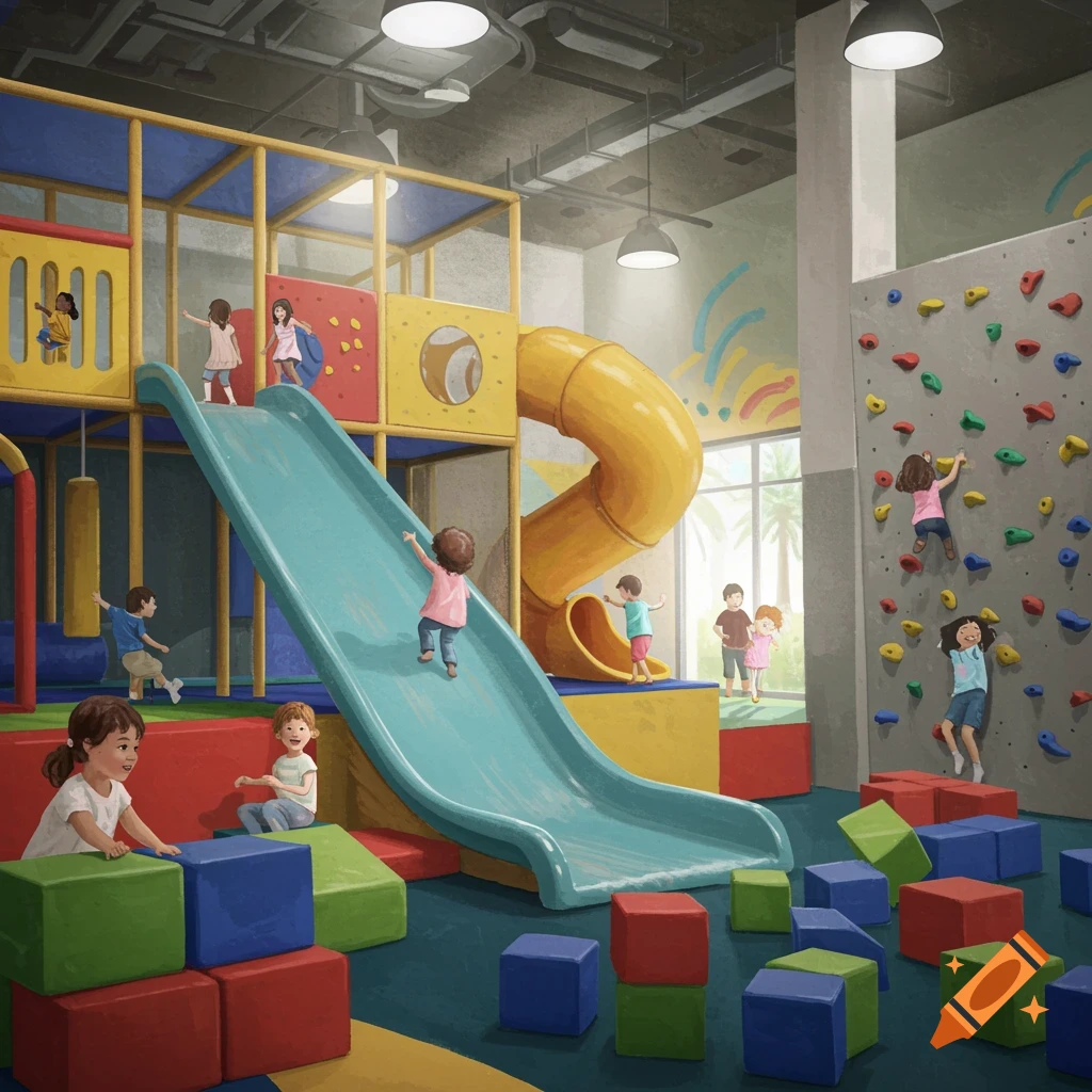 Children playing on a slide, climbing wall, and soft blocks in a colorful indoor playground.