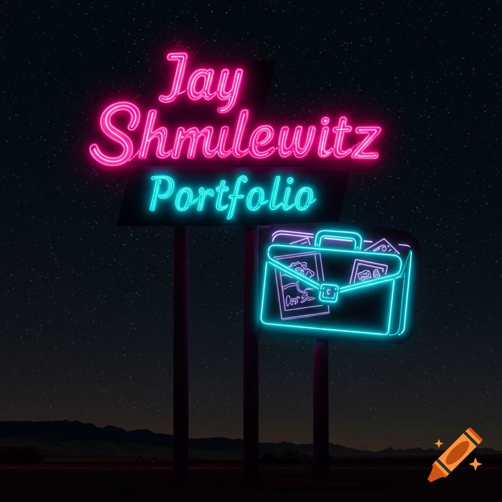 Neon sign saying 'Jay Shmulewitz Portfolio' and a briefcase against a starry night sky.