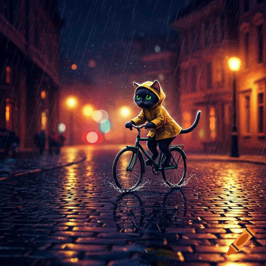 Black cat in yellow raincoat riding bicycle on wet cobblestone street in rain at night.