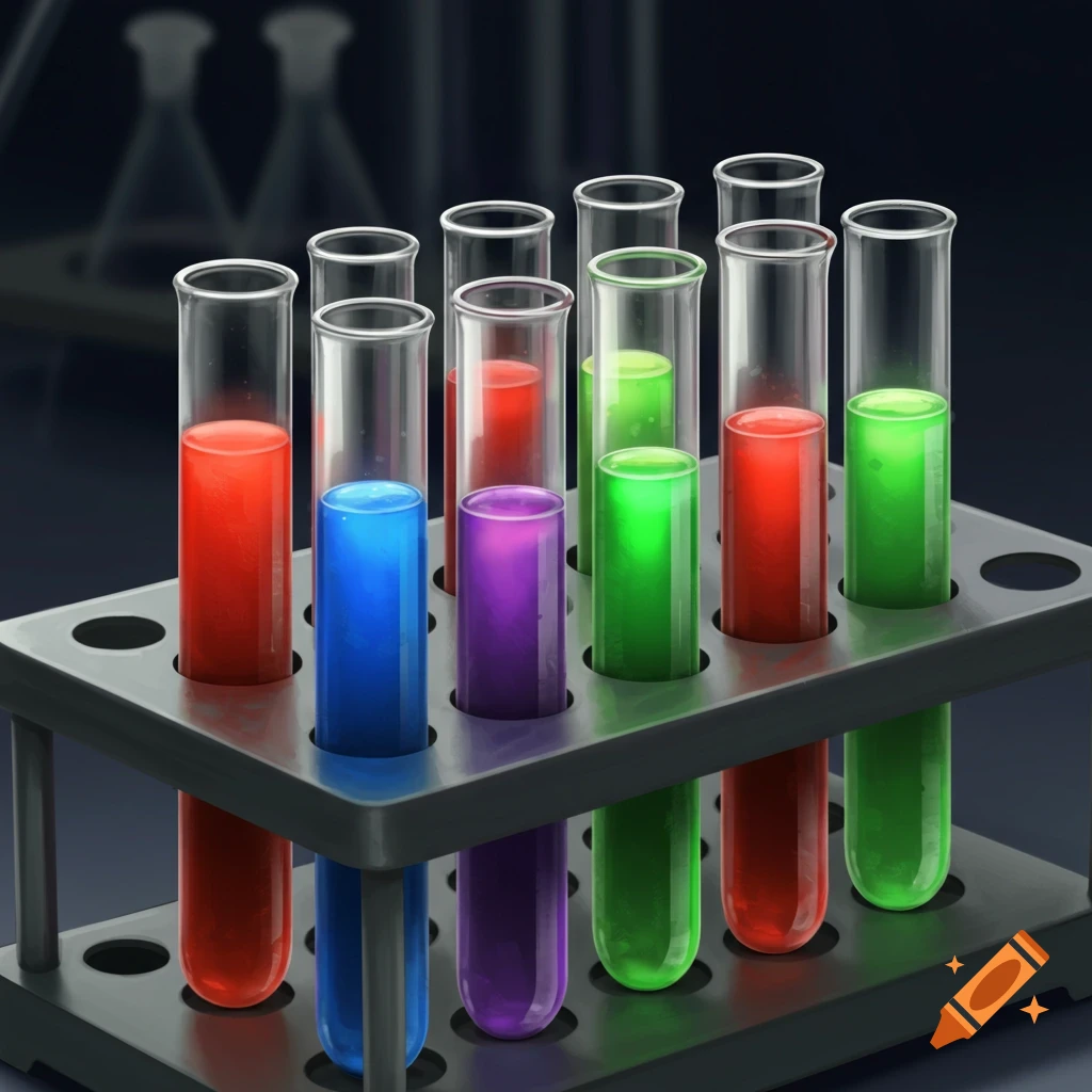 A test tube rack holding tubes filled with brightly colored liquids.
