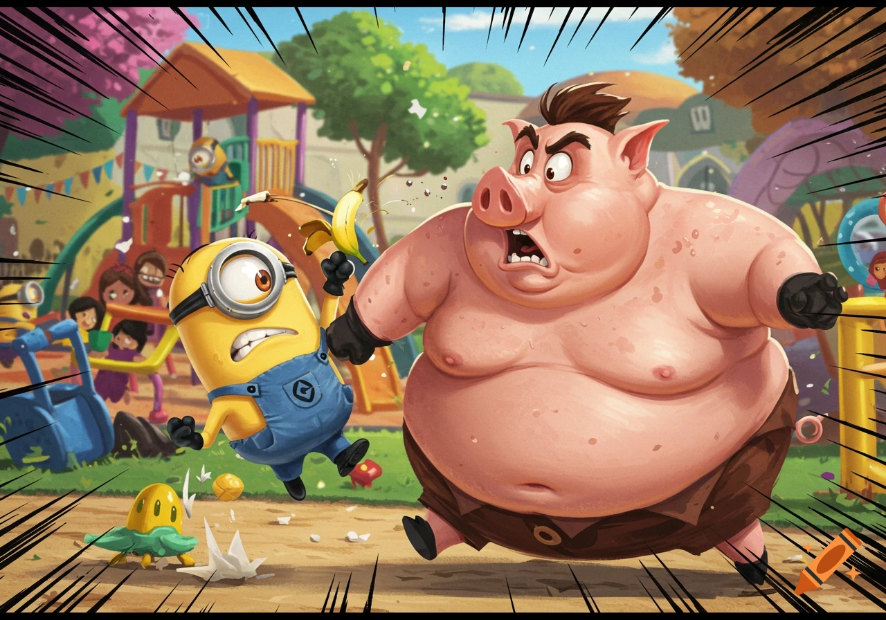 A cartoon illustration of a Minion throwing a banana at a large pig in a busy playground.