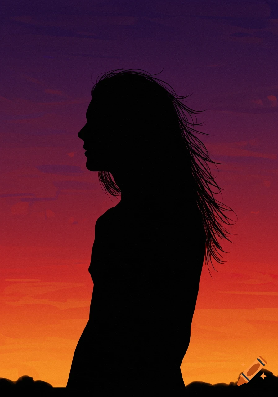 Silhouette of a person with long hair against a vibrant sunset