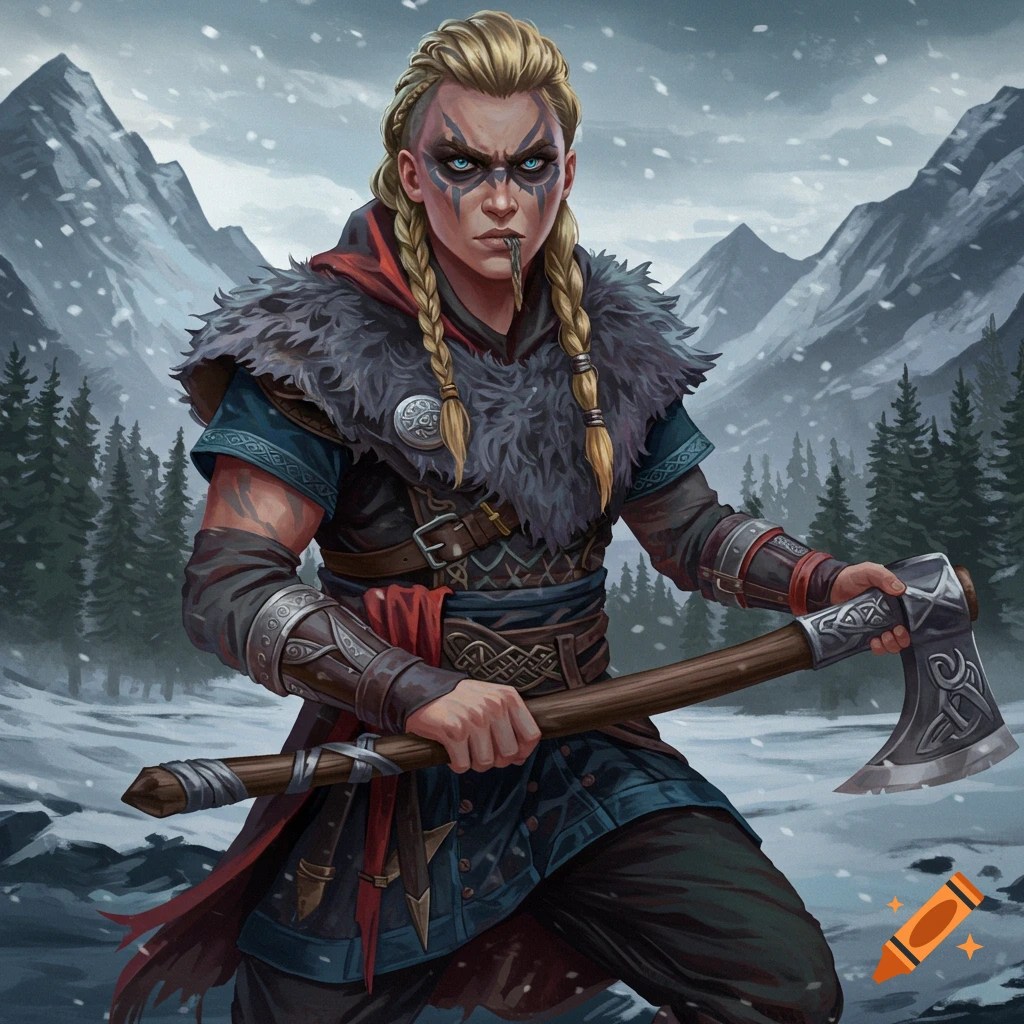 A Viking warrior holding an axe in a snowy mountain landscape.