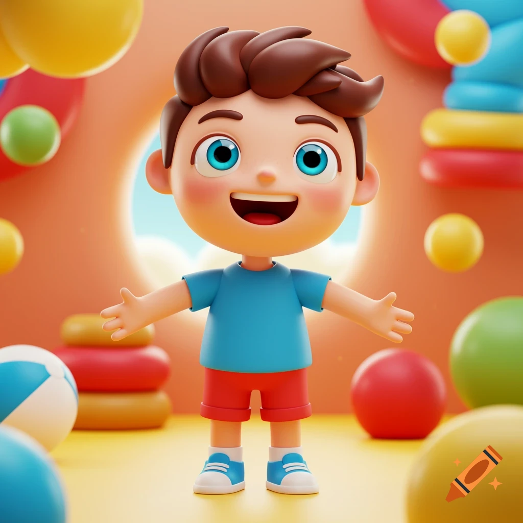 A cute 3D cartoon boy with arms outstretched, smiling in a colorful playroom with balls and toys.