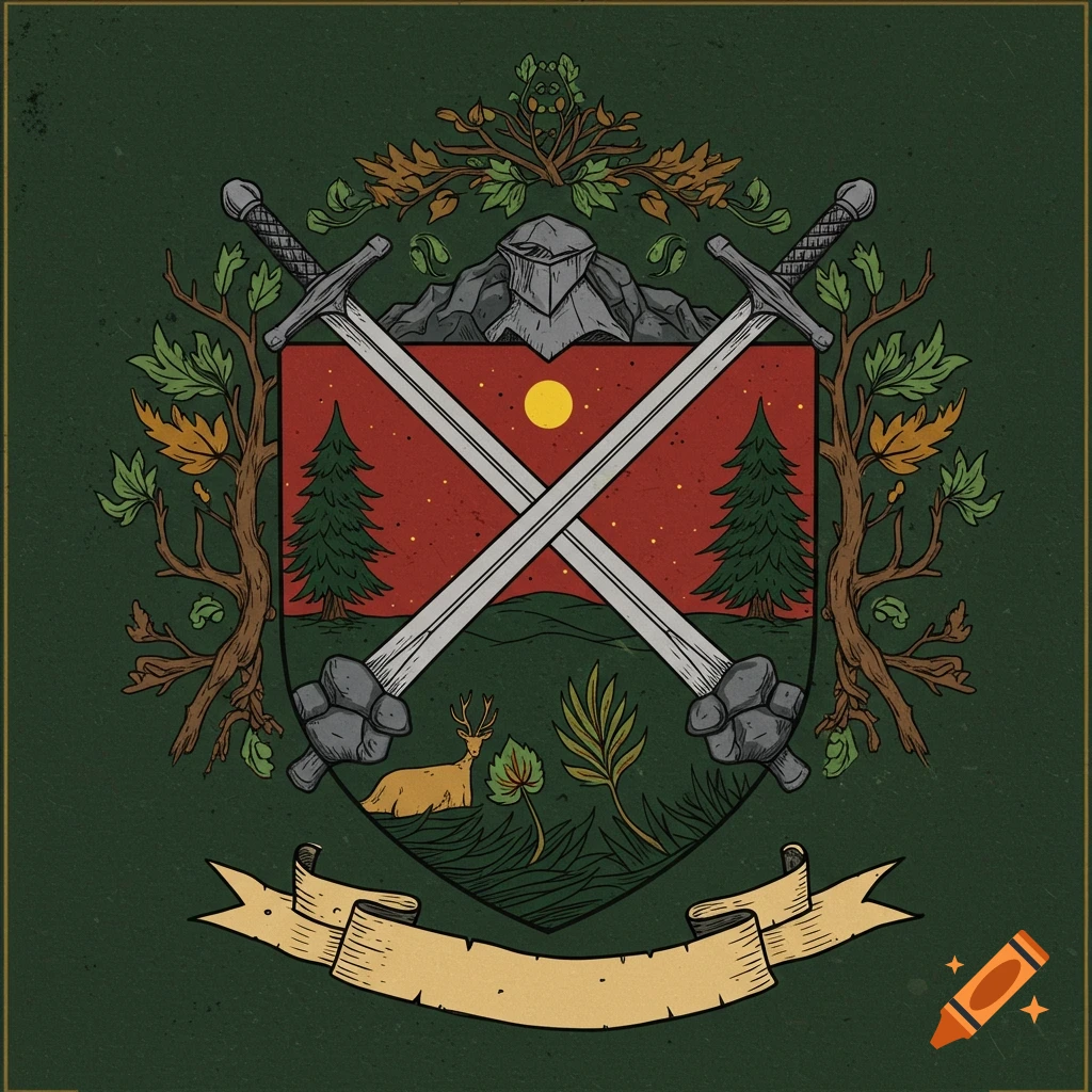 Fantasy forest themed coat of arms illustration with crossed swords, shield, mountains, trees, and a deer.