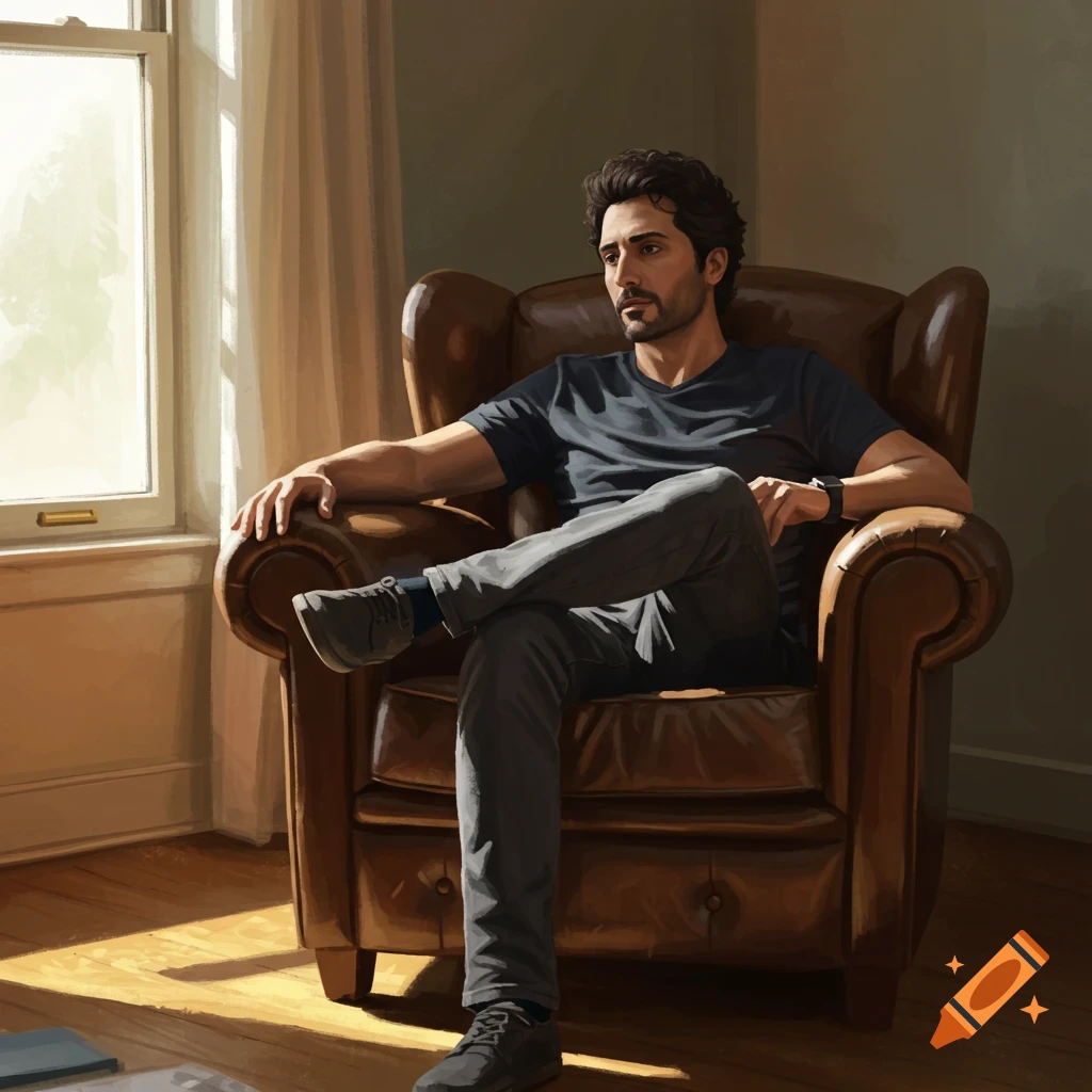 A man sitting in a brown leather armchair near a window.