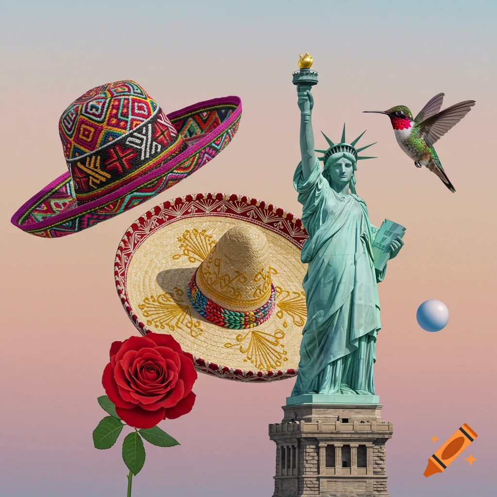 Collage of two sombreros, Statue of Liberty, hummingbird, red rose, and blue sphere