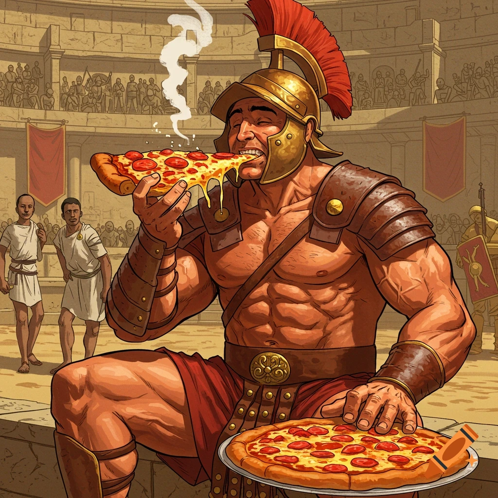 A gladiator eats pizza in a Roman arena.
