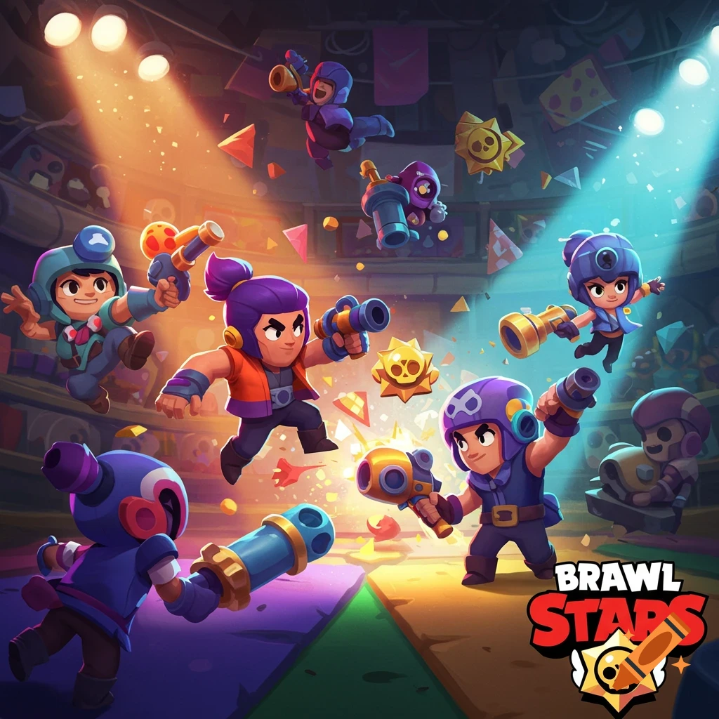 Cartoon characters from Brawl Stars fighting in an arena with the game logo.