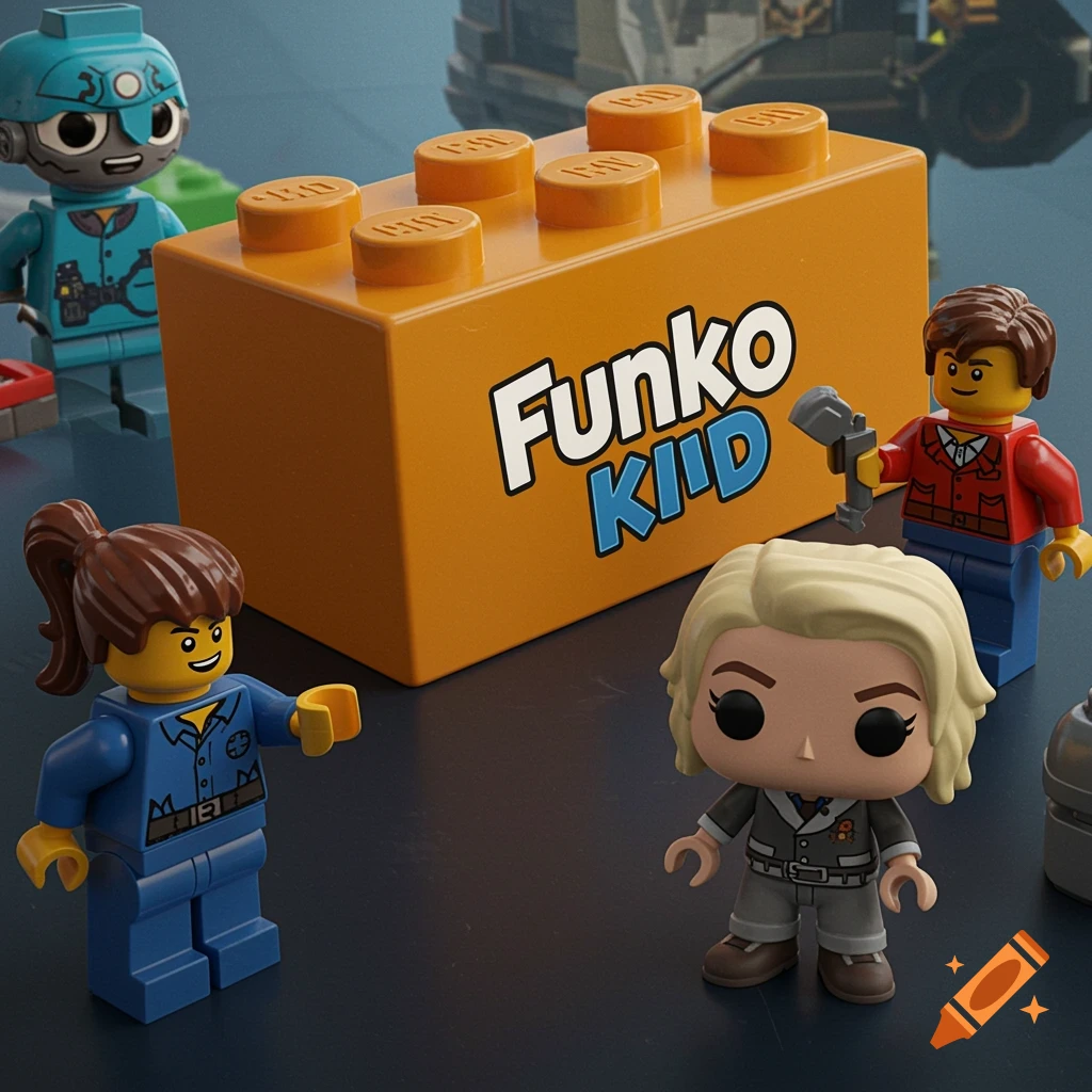 Lego figures and a Funko Pop are positioned near an orange brick that features the text 'Funko KIID'.