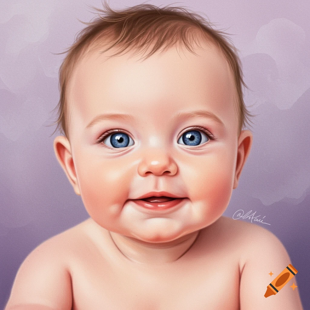 Close-up portrait of a baby with blue eyes and a slight smile.
