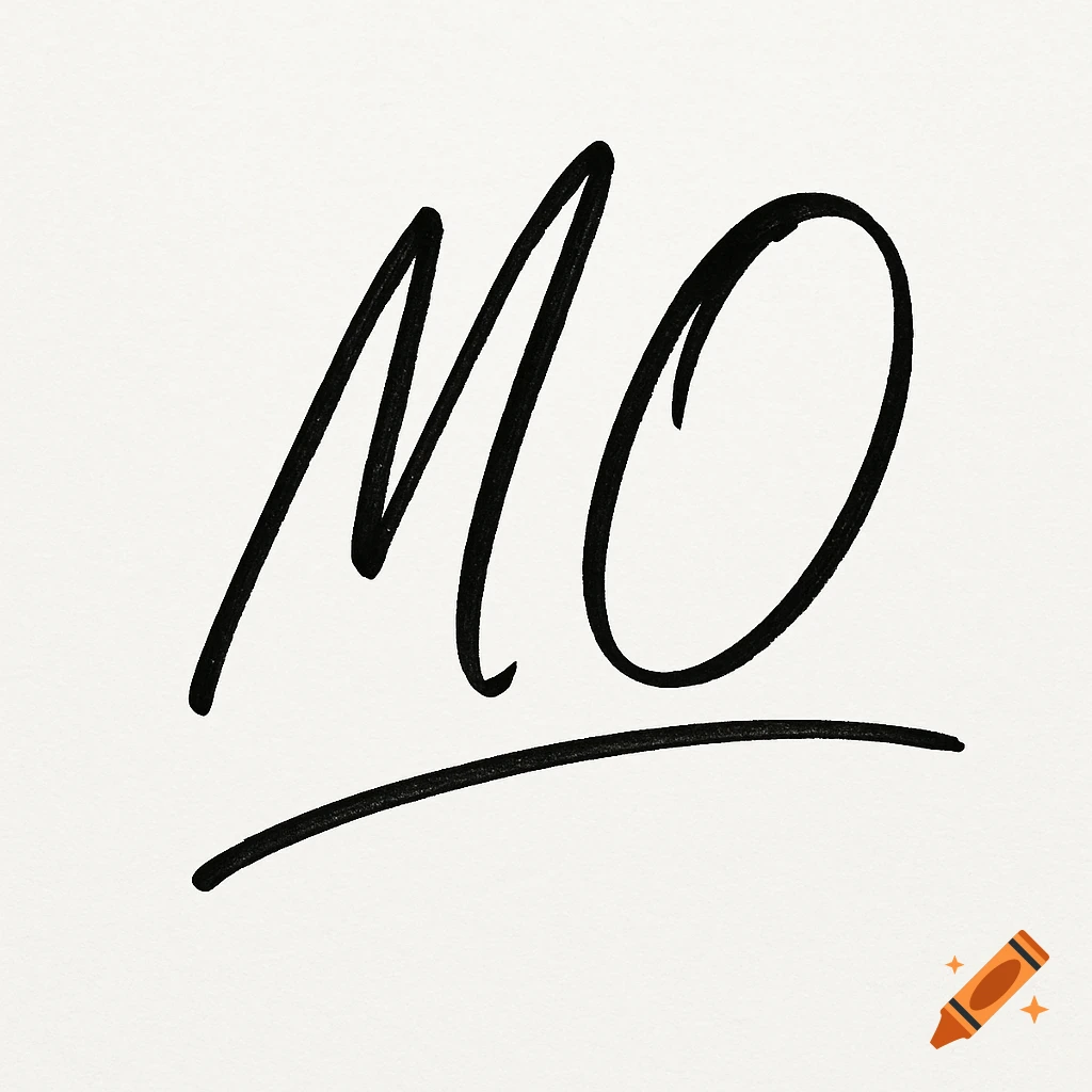 Black script letters MO with an underscore on a white background