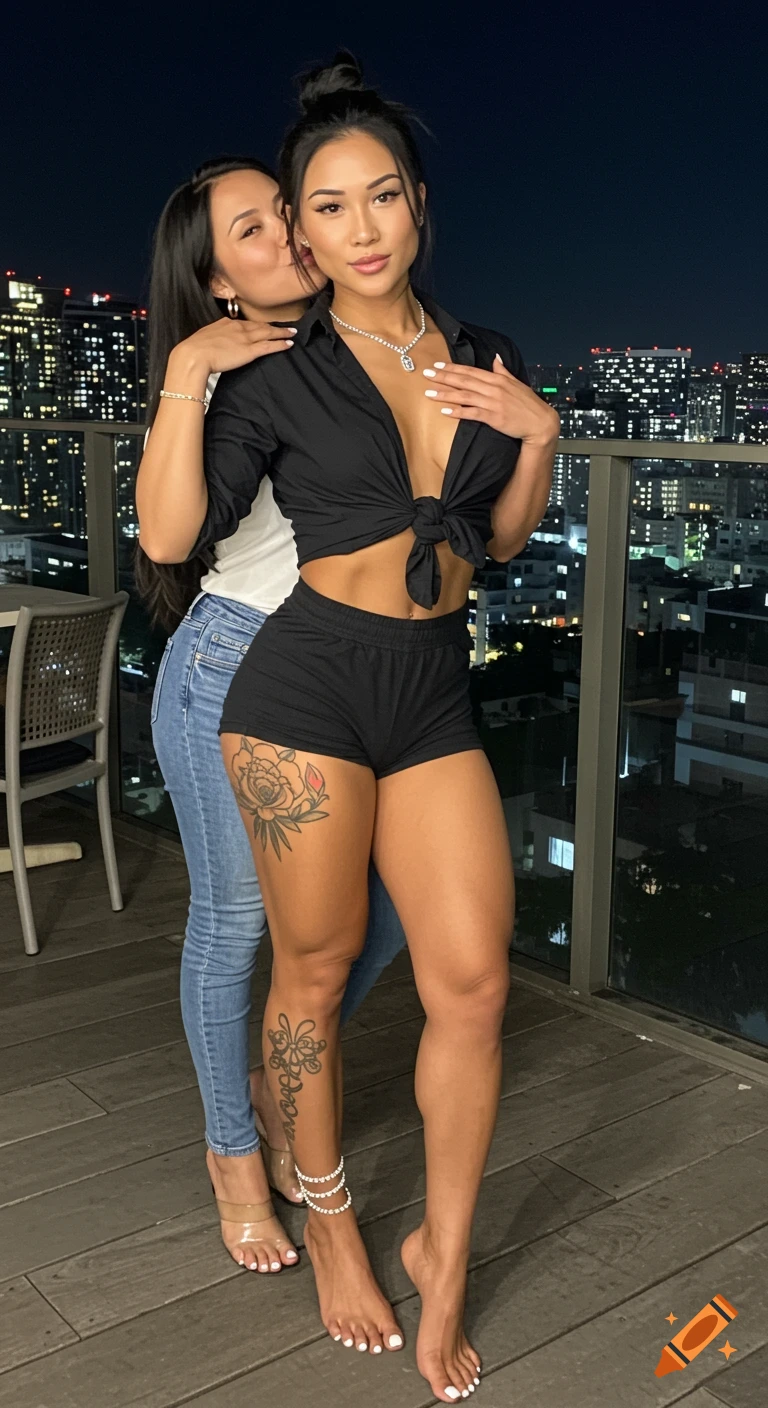 Two women pose on a balcony overlooking a city skyline at night.