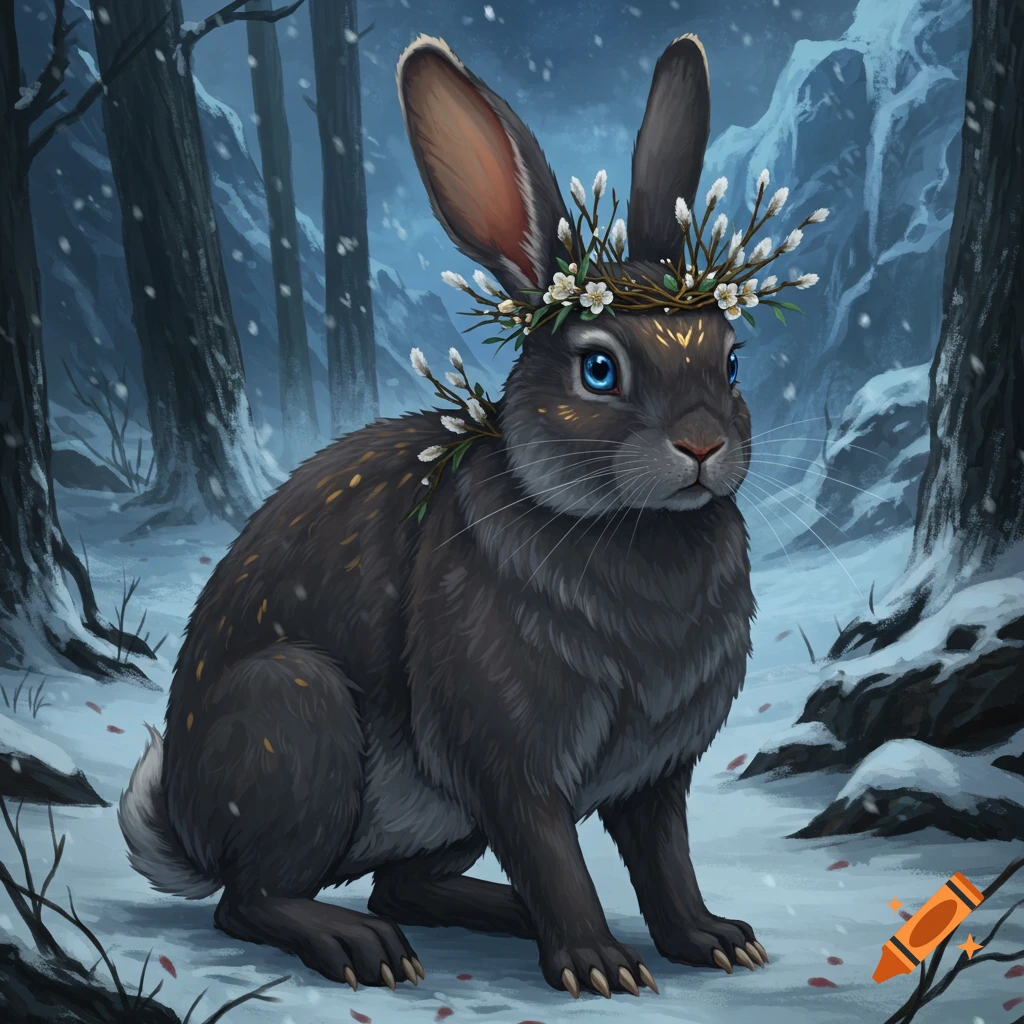 A dark gray rabbit wearing a floral wreath sits in a snowy winter forest.