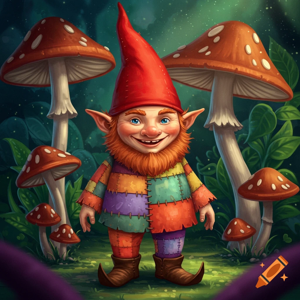 A friendly gnome with a red hat and patchwork clothes stands among large mushrooms in a forest.