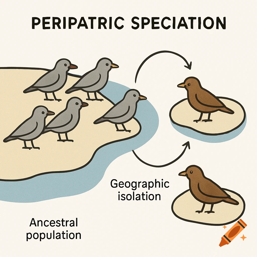 Diagram illustrating peripatric speciation with grey birds representing an ancestral population and brown birds isolated by geographic barriers.