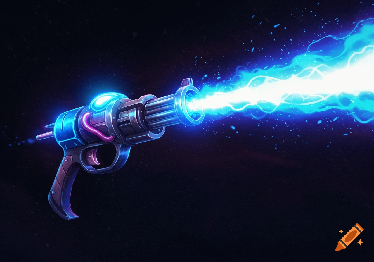 A stylized sci-fi energy weapon firing a blue beam.