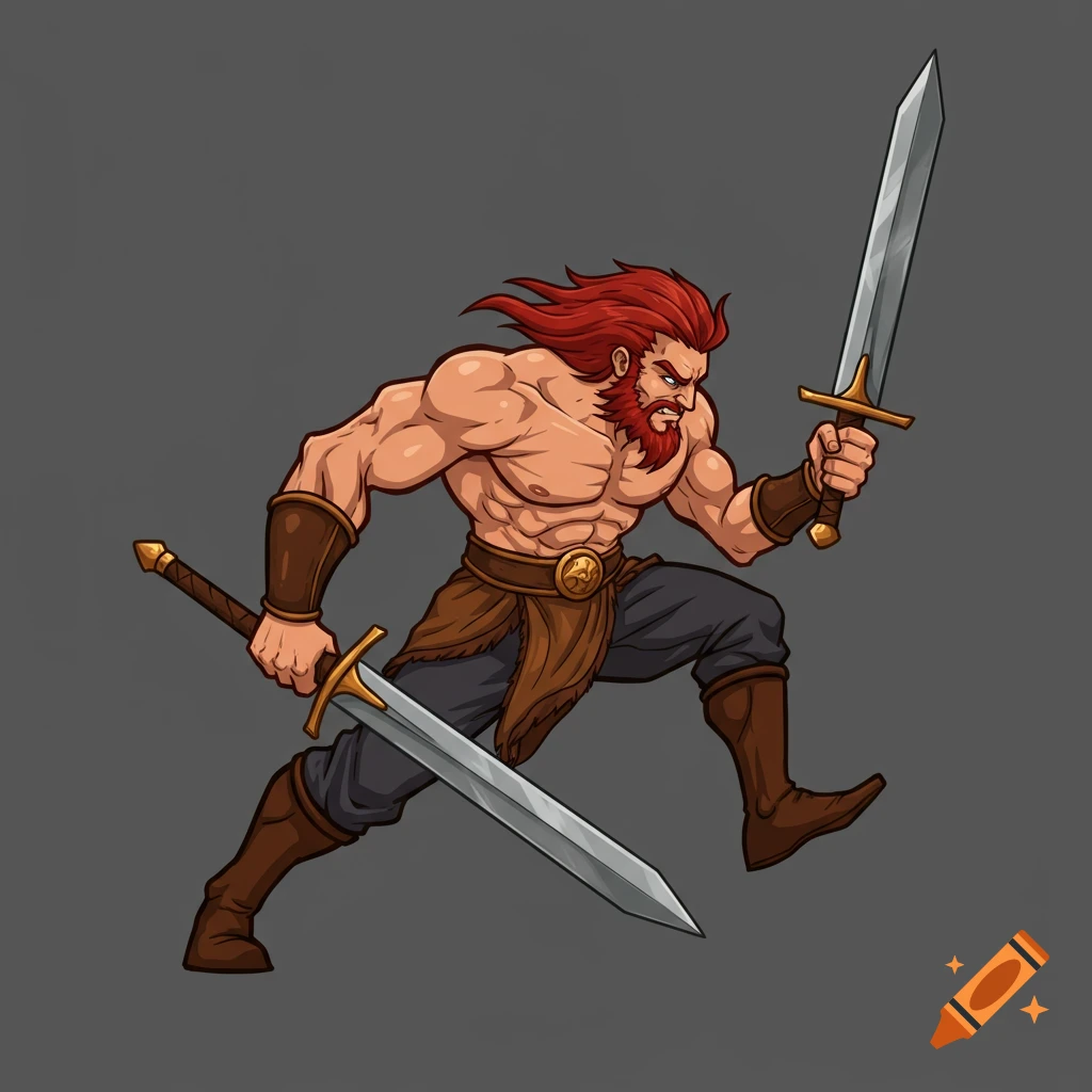 Cartoon-style male warrior sprite with red hair and beard holding two swords.