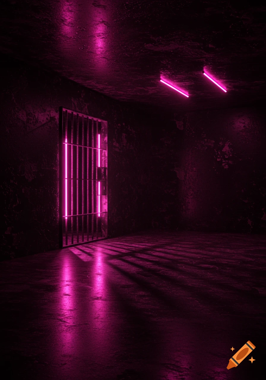 An empty jail cell with metal bars and pink neon lighting casting shadows in a dark room.