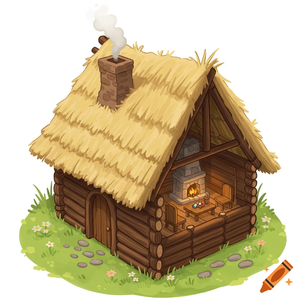 Cartoon log cabin with thatched roof and chimney smoke, showing interior furniture, set in grassy landscape with flowers.