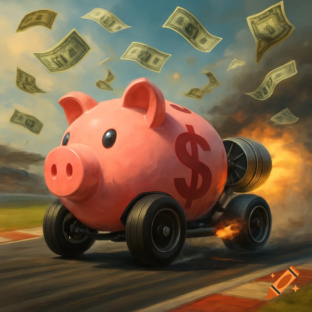 A pink piggy bank race car with a dollar sign, jet engine, and flames speeds down a track with dollar bills flying around.