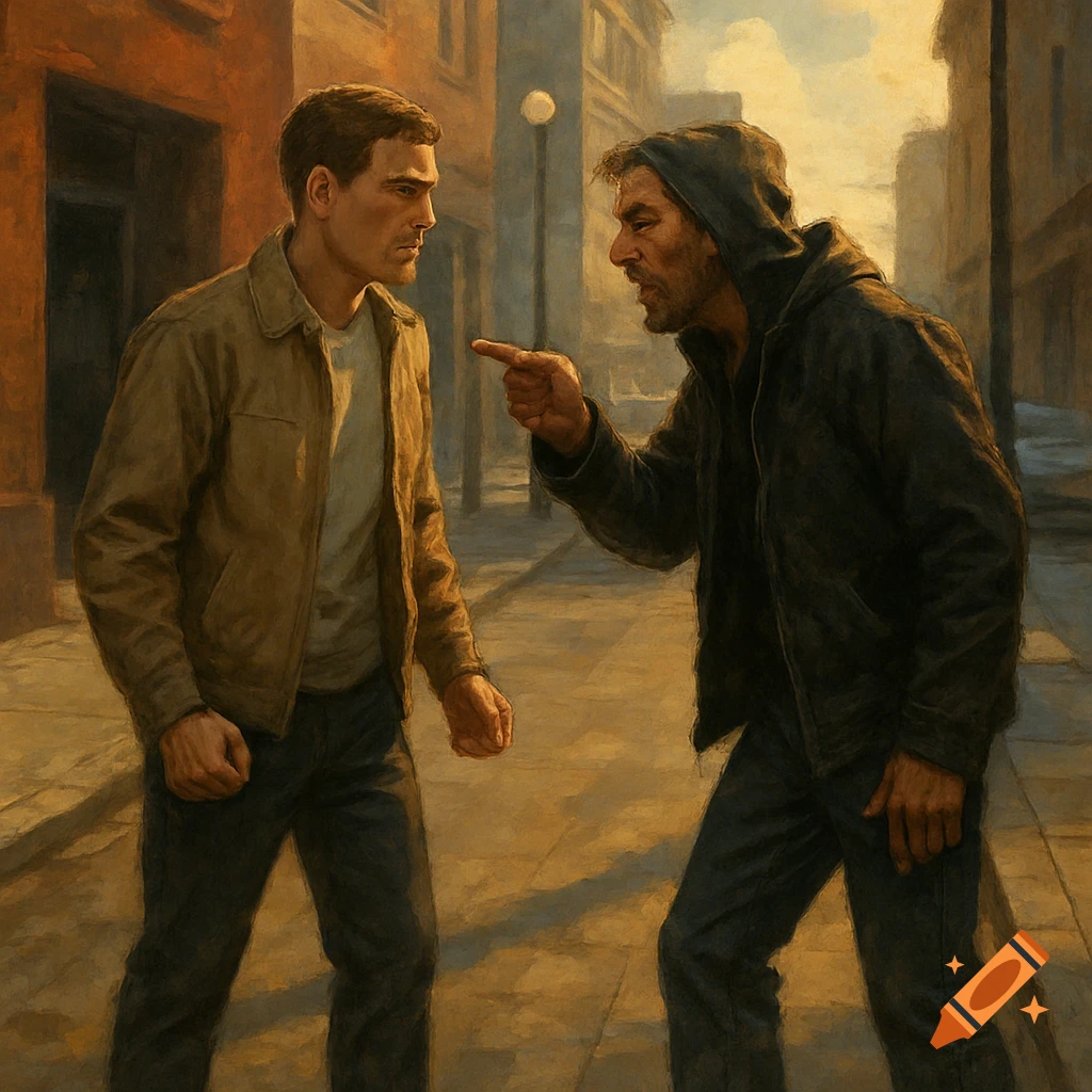 Two men confronting each other on a street at sunset.