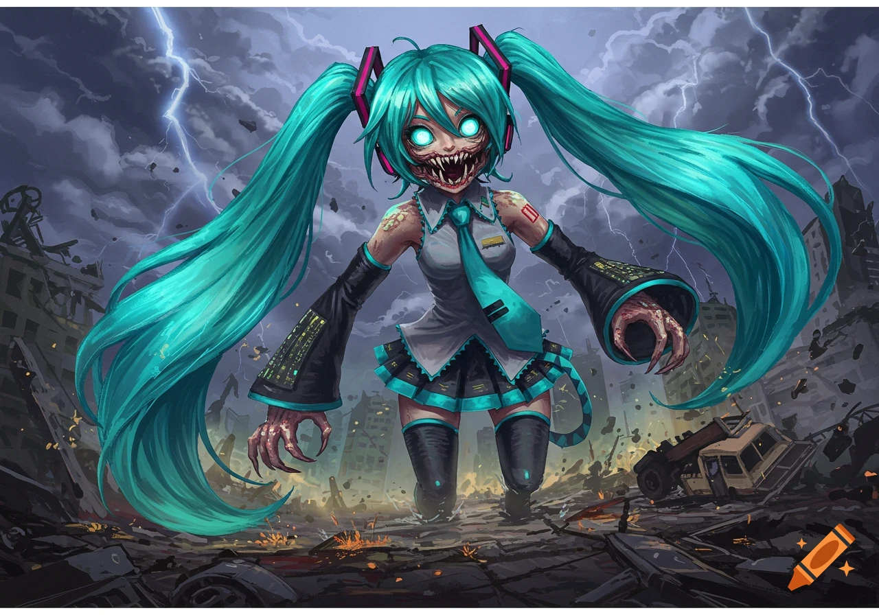 A monstrous Miku with glowing eyes, fangs, and claws in a destroyed city under a stormy sky.