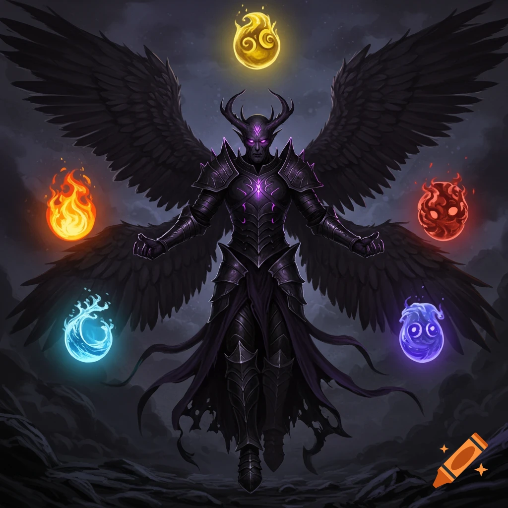 A dark angel in spiked armor with black wings surrounded by glowing elemental symbols.