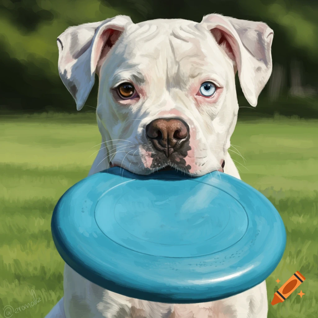 A white dog with heterochromia is holding a blue frisbee in its mouth in a park.