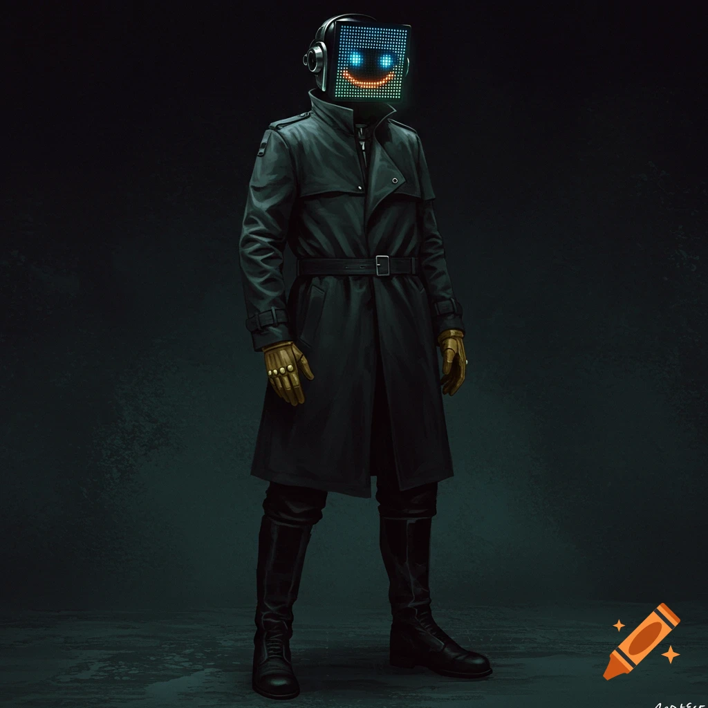 A figure in a trench coat and gloves with an LED helmet displaying a digital smiley face.