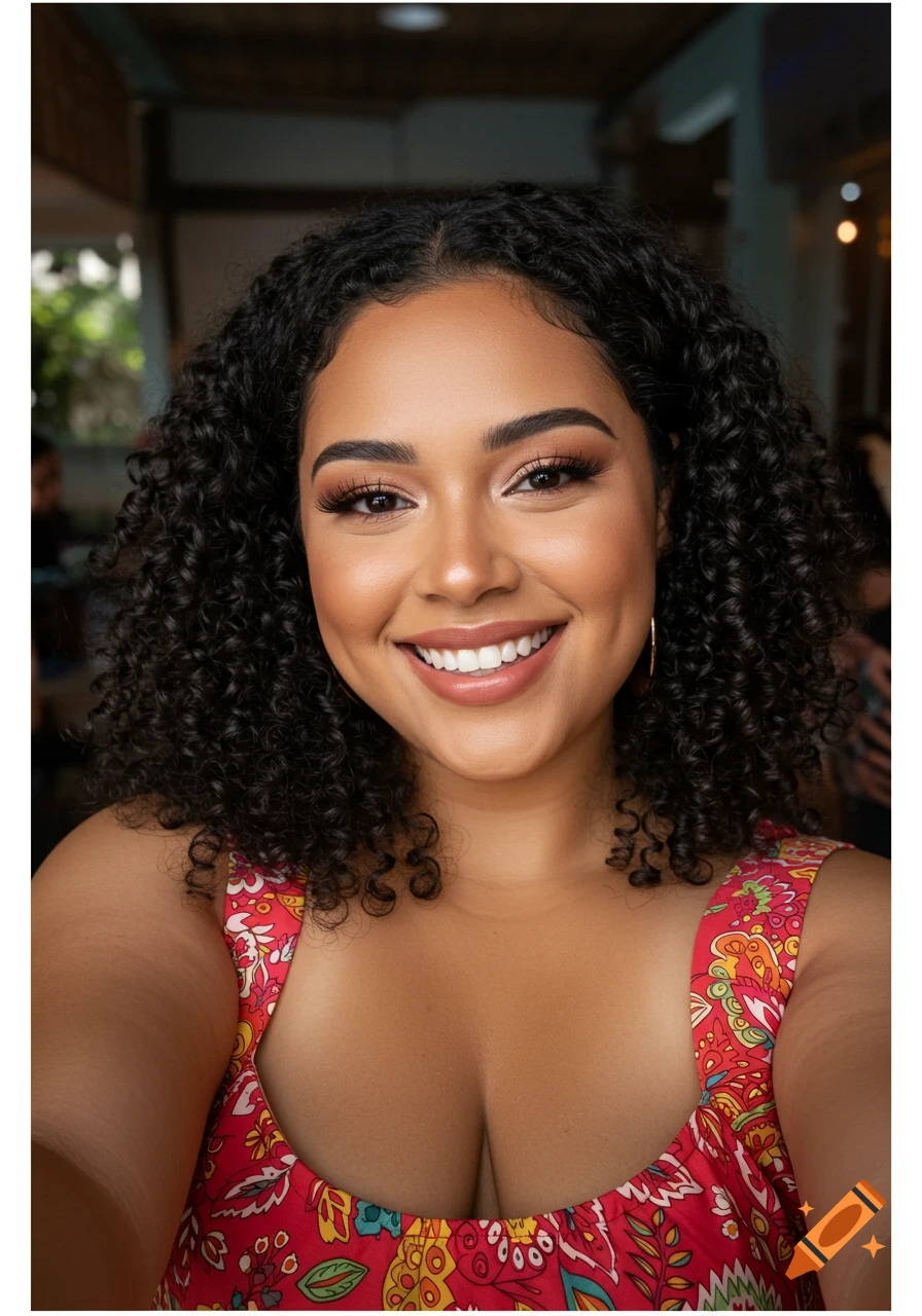 Selfie of a young woman with curly dark hair smiling