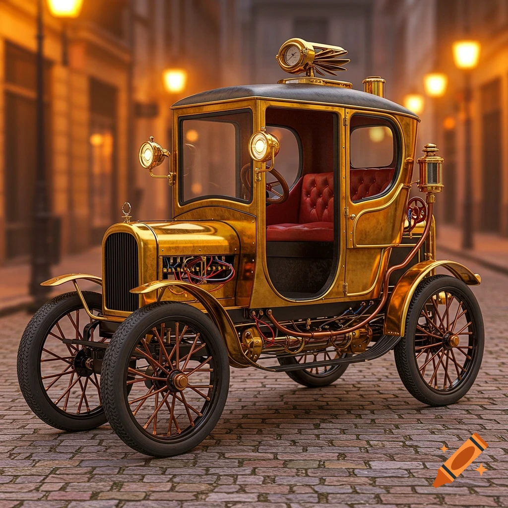 Golden steampunk car on a cobblestone street at night