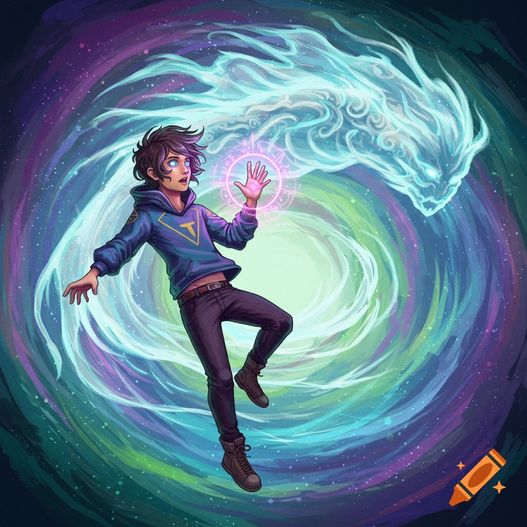 A person floats in a swirling nebula with a glowing air monster.