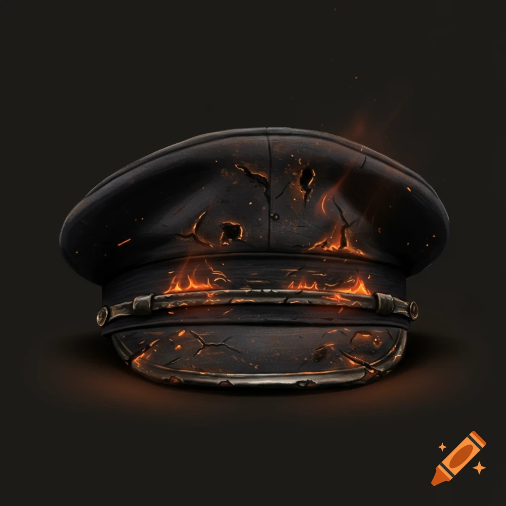 A burned black hat with fire and sparks