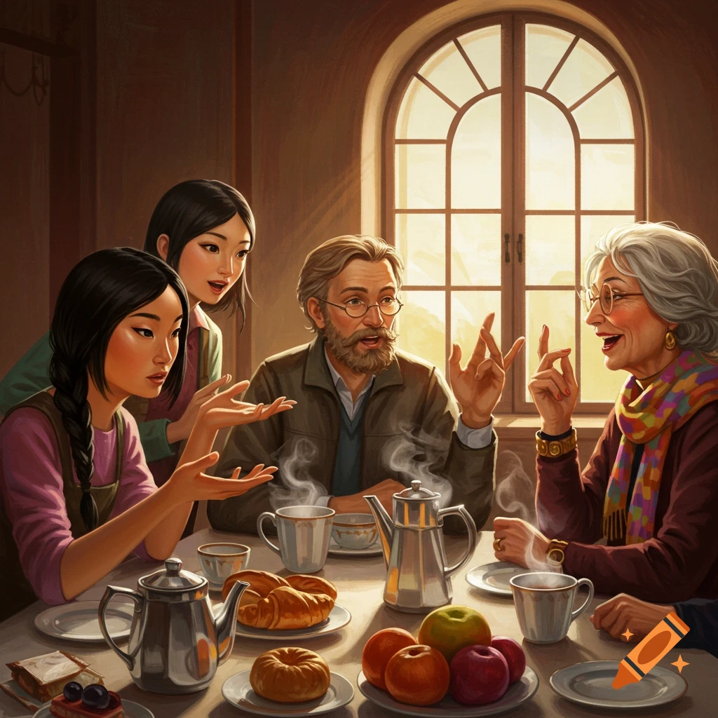 People talking around a table with breakfast food.