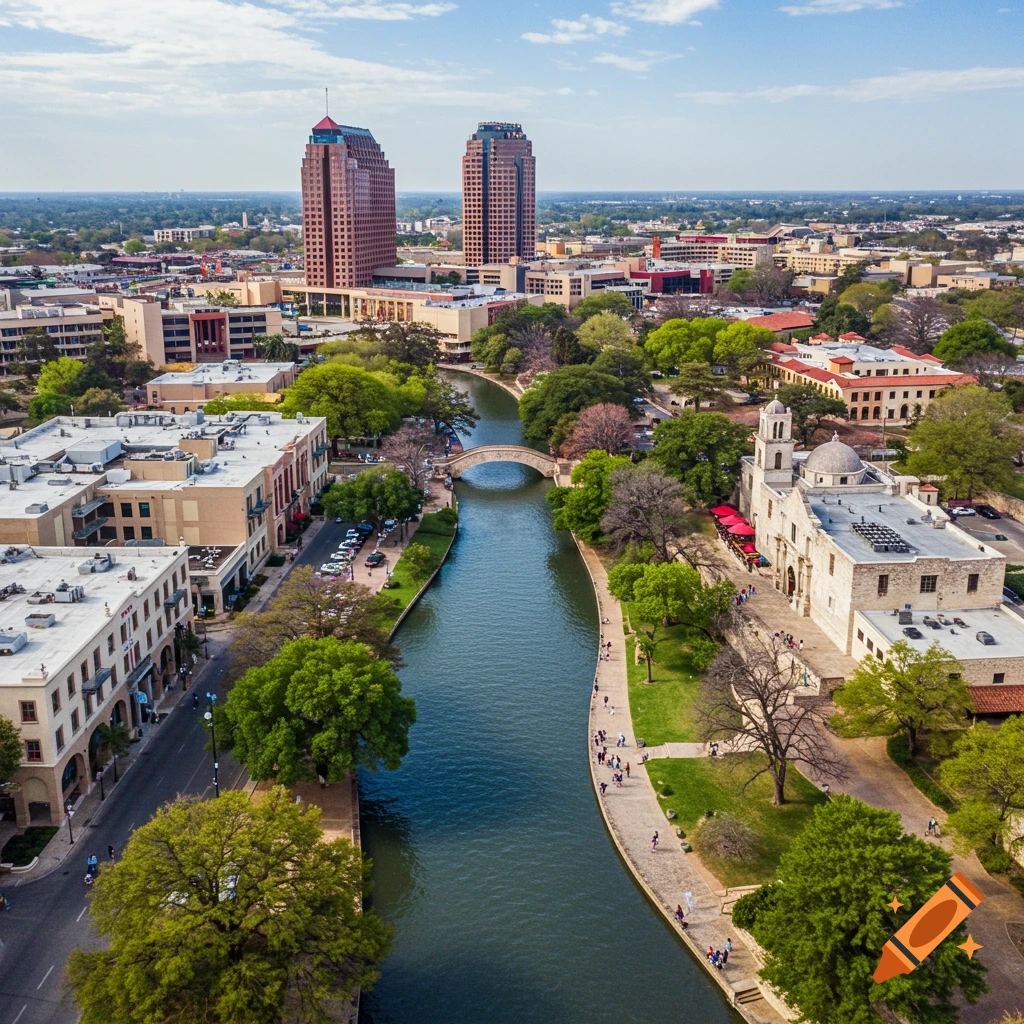 Aerial view of the San Antonio Riverwalk, showing the river, buildings, and surrounding trees under a blue sky.