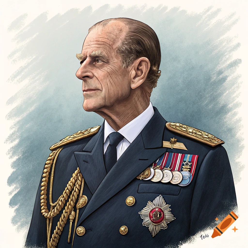Painterly illustration of Prince Philip in a dark military uniform with medals and gold braiding.