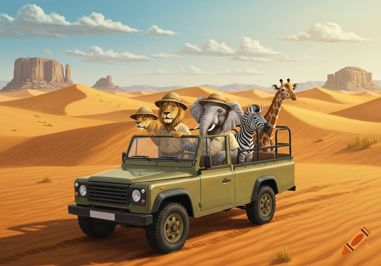Anthropomorphic animals in safari clothes riding in a truck through the desert.