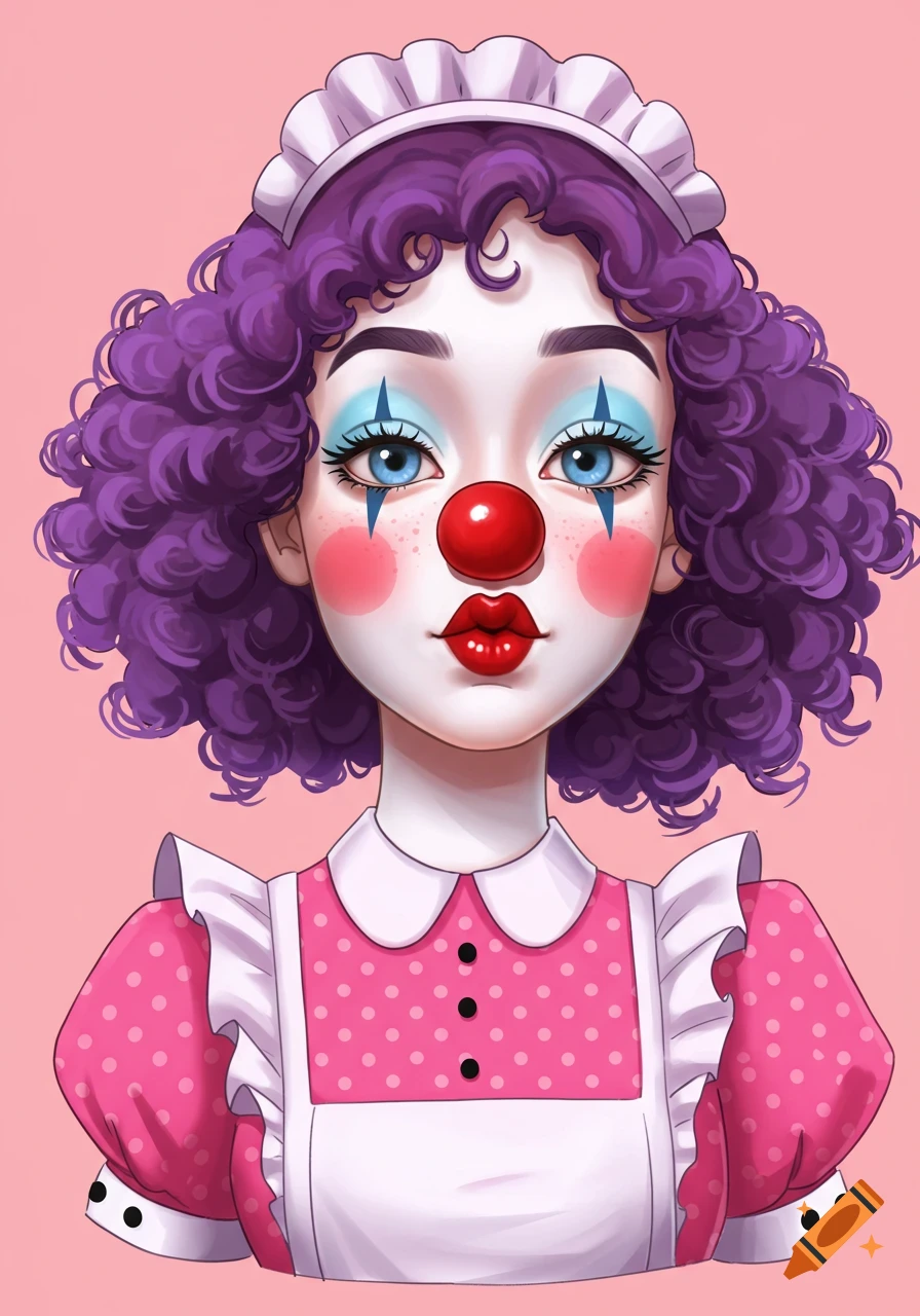 Cartoon portrait of a clown woman with purple hair, red nose, and pink polka dot dress.
