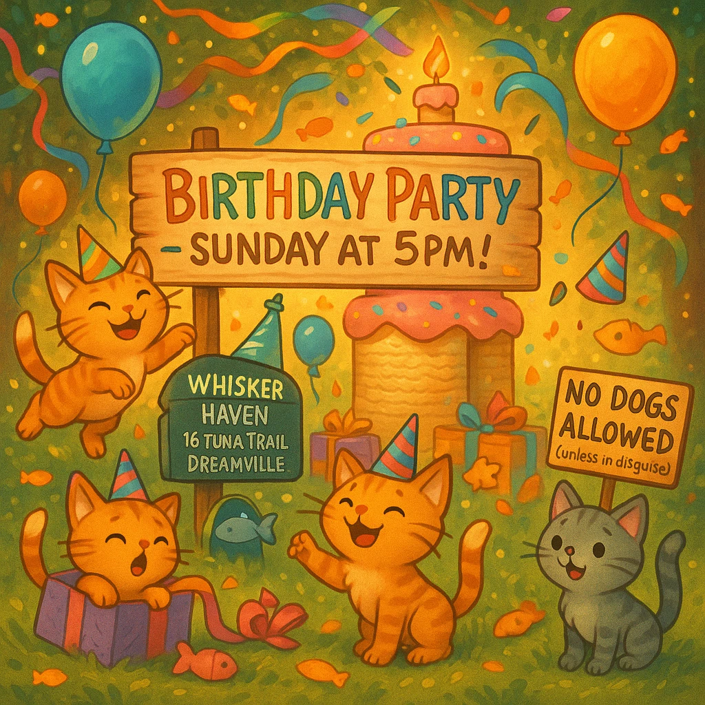 Cartoon birthday party with cats and kittens, backyard setting