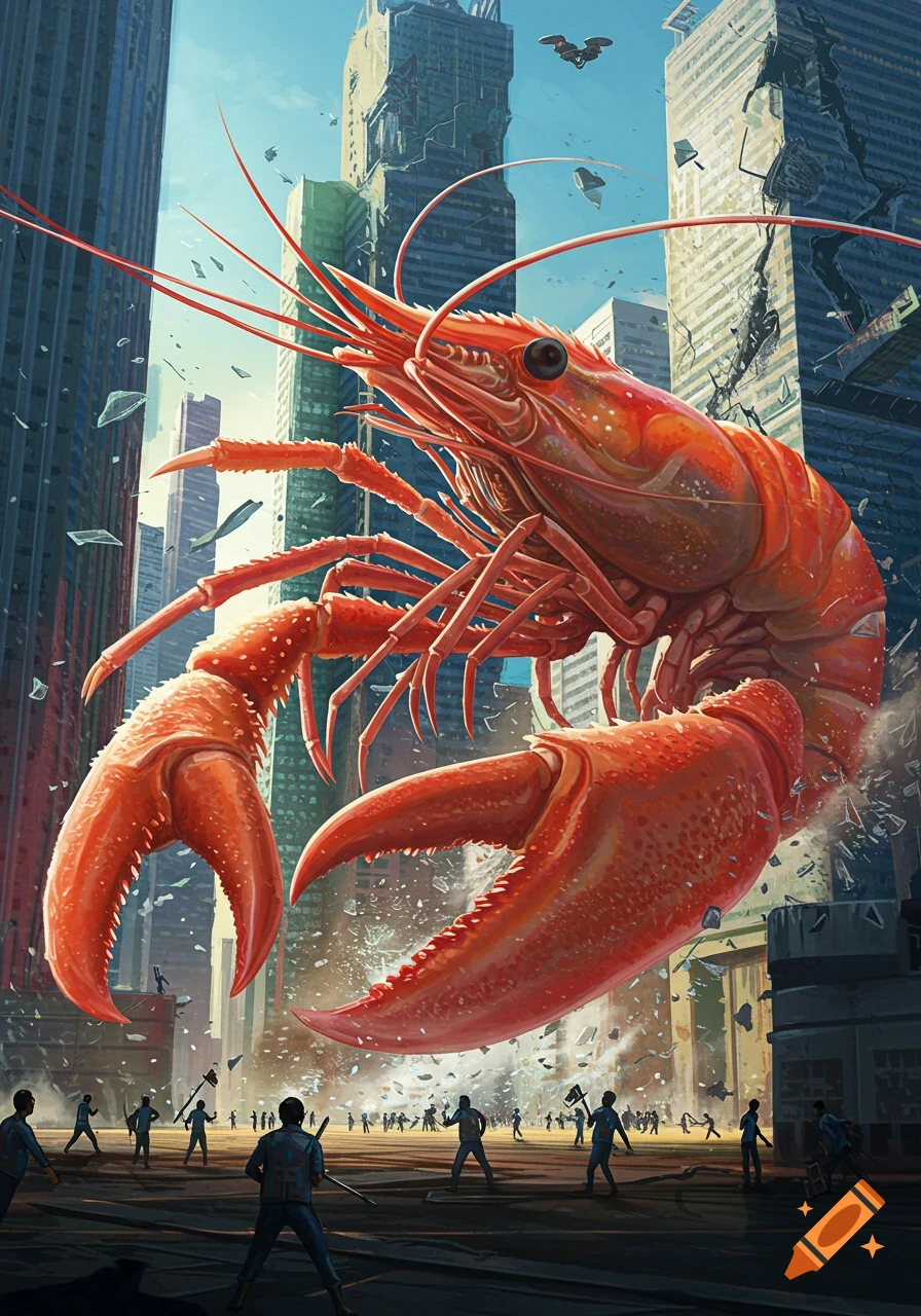A giant prawn destroying a city with tiny people below