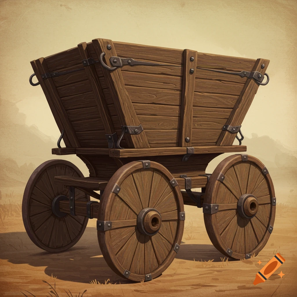 A wooden wagon with four wheels in a landscape.