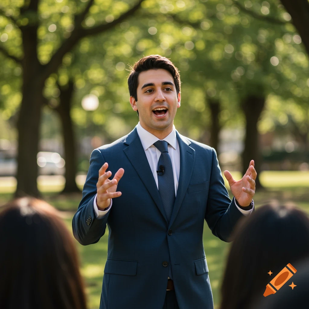 A young man in a suit speaks outdoors in a park, gesturing with his hands.