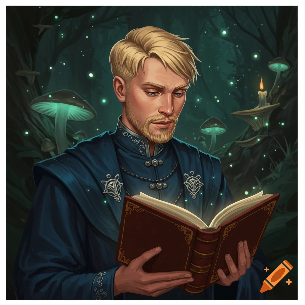 A blonde wizard in blue robes reads a glowing book in a magical forest.