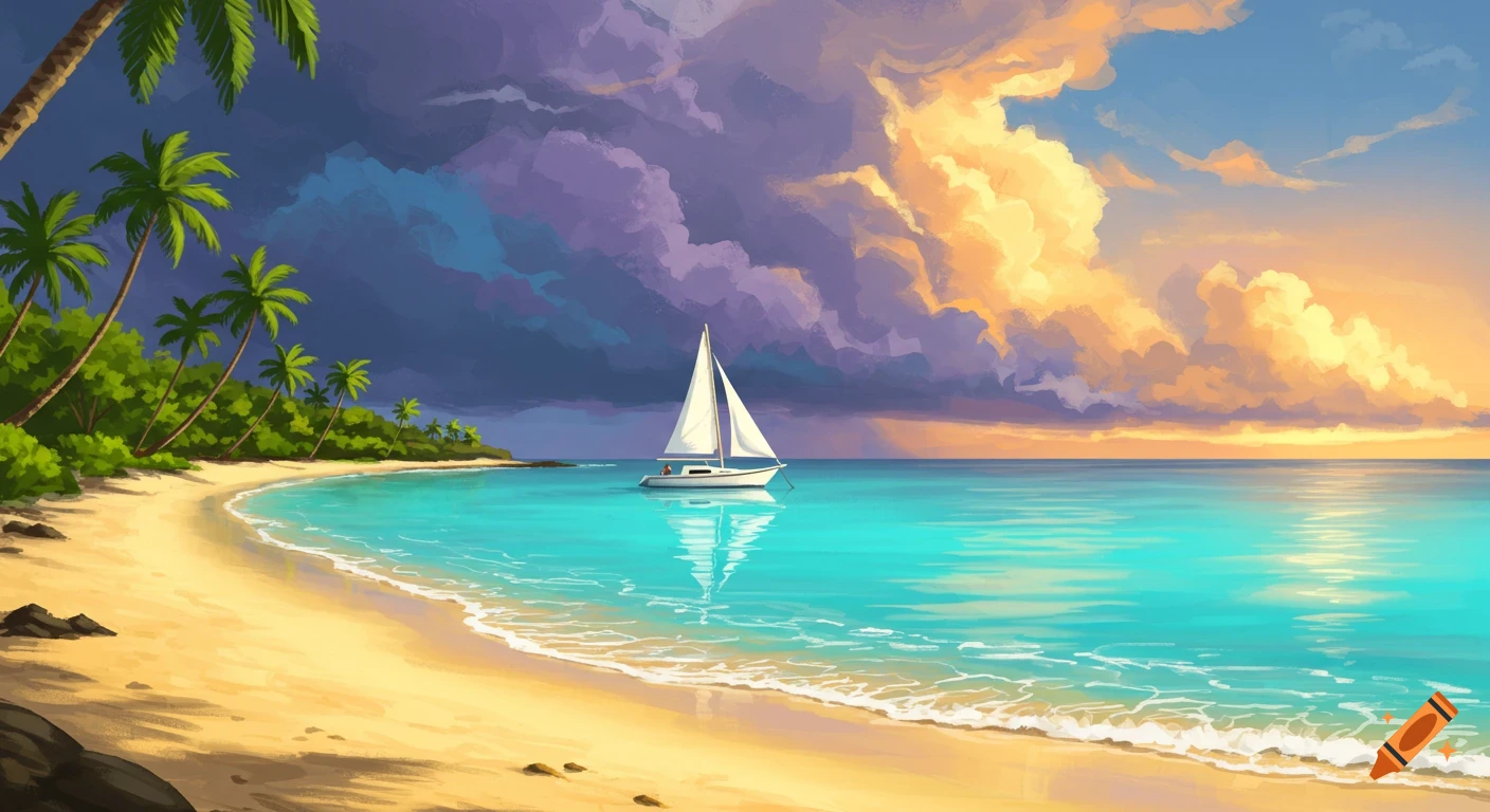 A beach with palm trees, a sailboat on the ocean, and dramatic clouds.