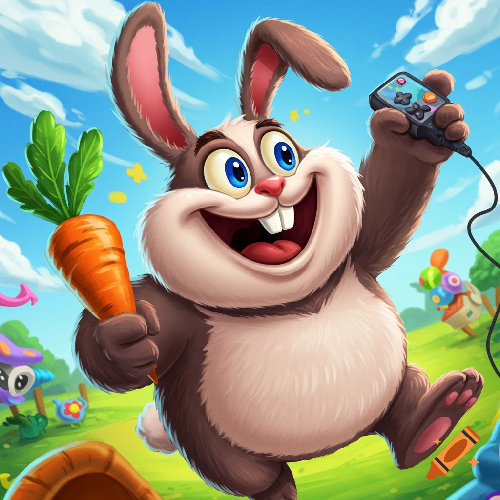 A joyful cartoon rabbit holds a carrot and a game controller in a sunny field. Digital illustration.