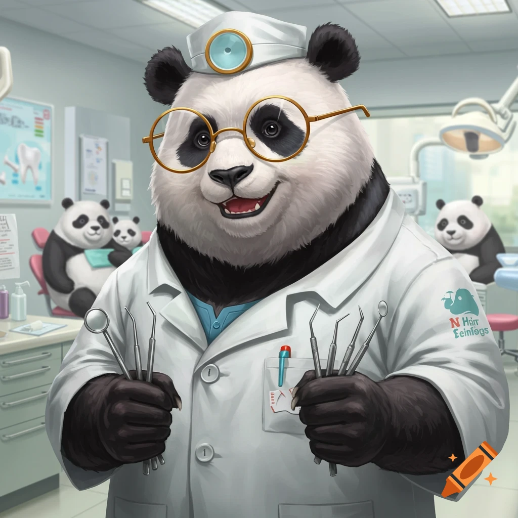 A panda dentist holds dental tools in a dental office.