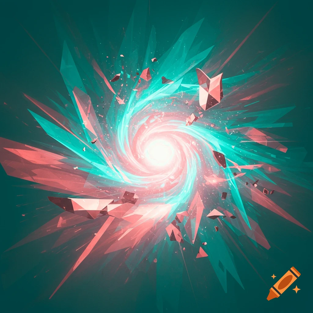 Abstract depiction of a swirling vortex with glowing energy and geometric shards in teal and pink.