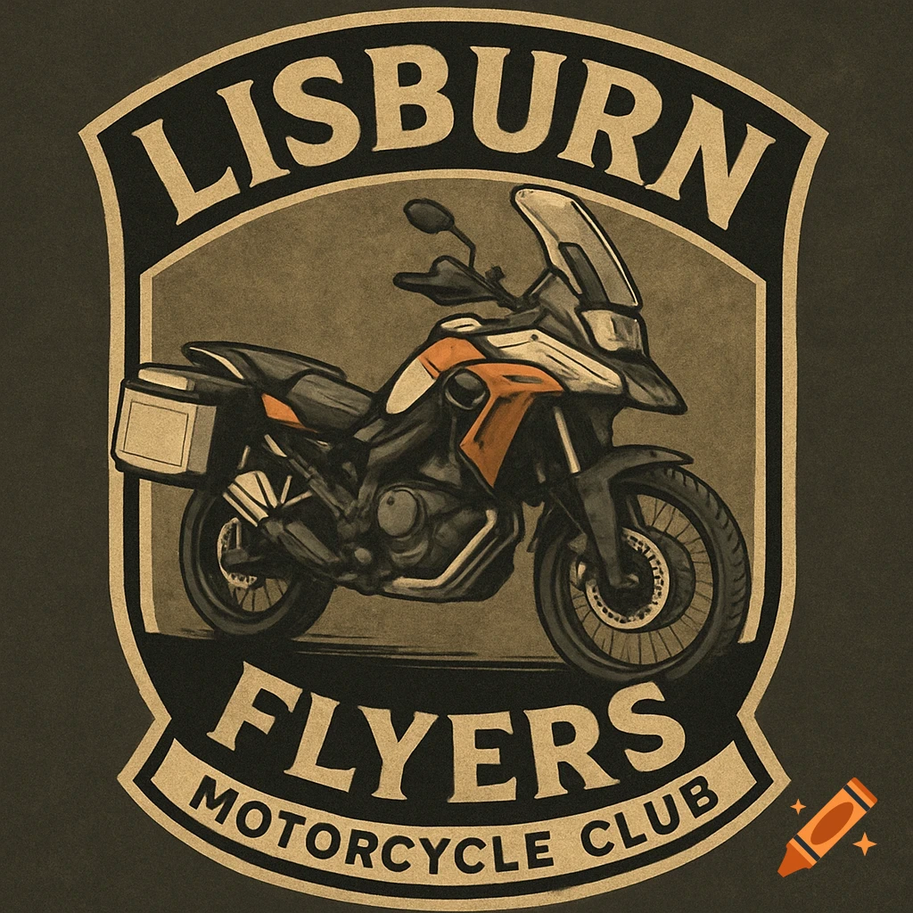 A motorcycle club badge featuring an adventure bike and the text 'LISBURN FLYERS MOTORCYCLE CLUB'.